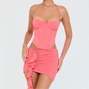 Mistress Rocks - Coral Halter Corset and Coral Gathered Mini Skirt Set SMALL